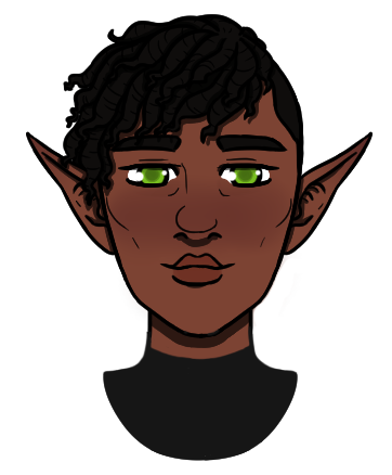 Rin, a Black elf with brown skin and long pointed ears, bright green eyes, and short black hair in finger coils with a side shave.